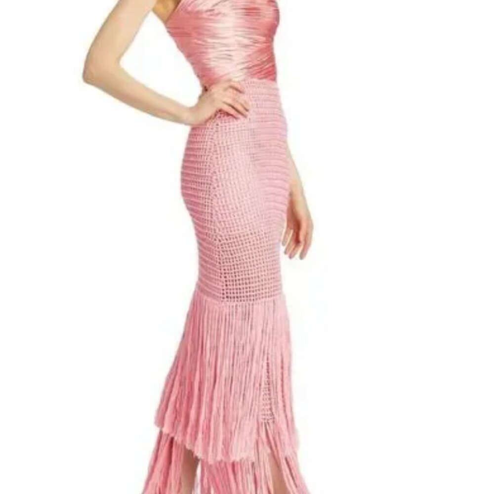Alejandra Alonso Rojas Draped Bustier Crochet Fringe Maxi Dress Rose NWT - Picture 2 of 9